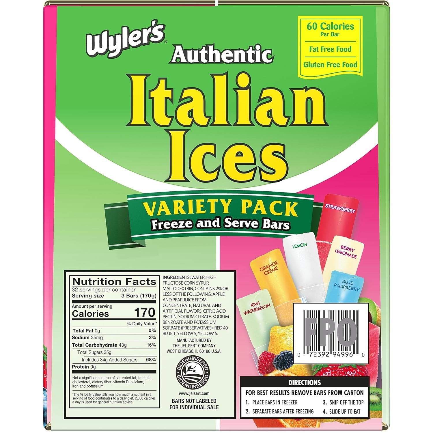 Wyler’s Authentic Italian Ice, Fat Free Freezer Bars, Assorted Flavors (96ct)