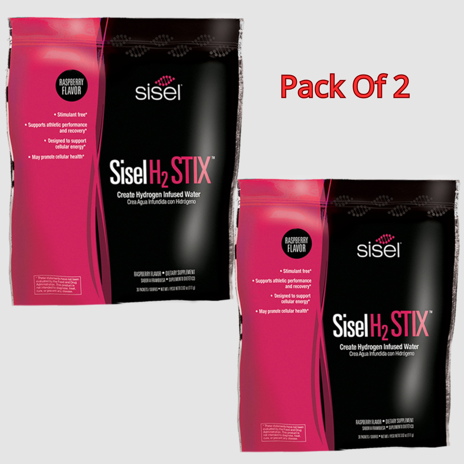 2 Pack SiselH2STIX Raspberry Hydration Drink Mix Vitamin C Magnesium, 30 Packets