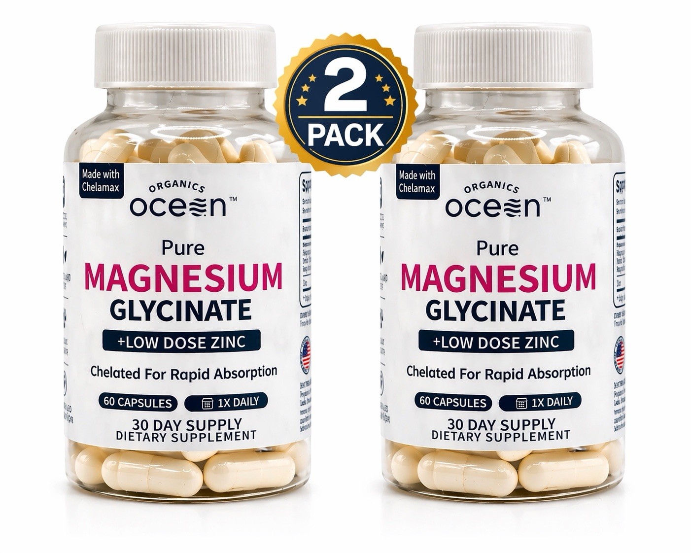 2 Pack Organics Ocean Magnesium Glycinate 90 Capsules with Zinc – Chelated
