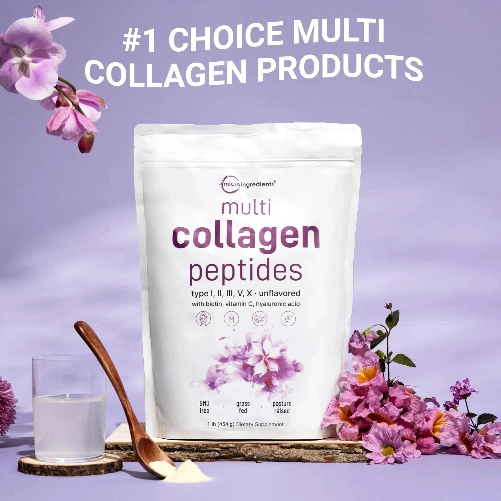 Micro Ingredients Multi Collagen Peptides Powder 16oz – Type I II III V X Unflav