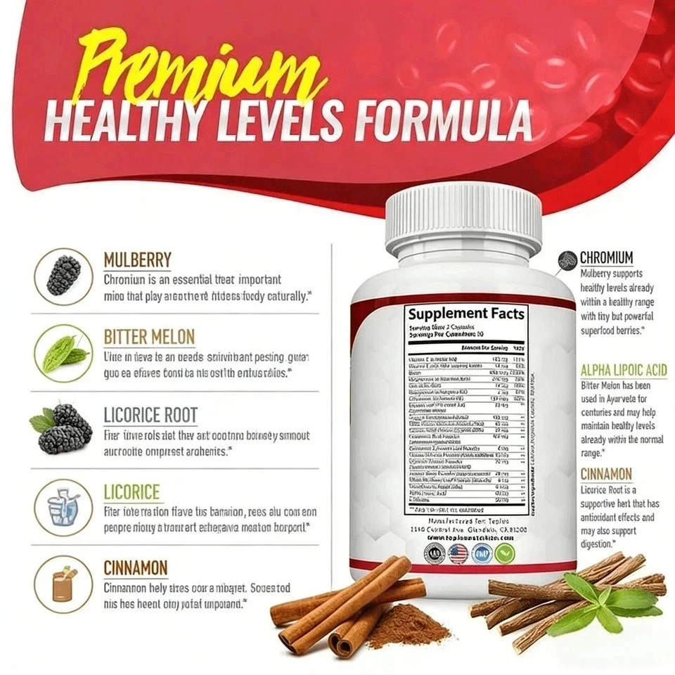 Toplux Blood Sugar Balance Complex 20 Herb Vitamin Blend Vegan 60 Caps Support