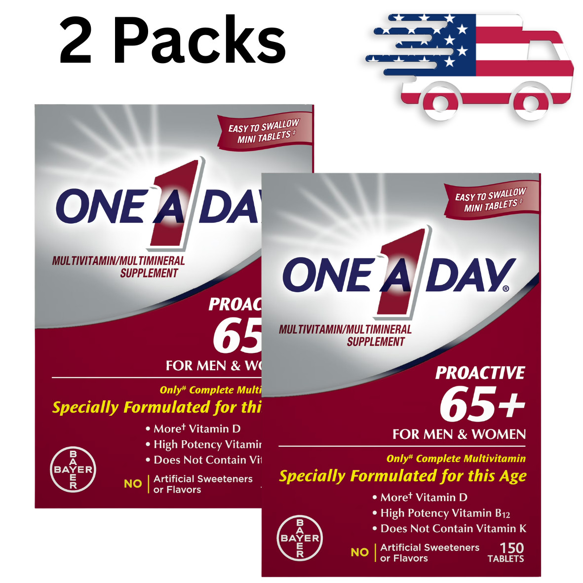 2 Packs – One A Day Proactive 65+ Multivitamin Tablets for Men and Women, 150ct