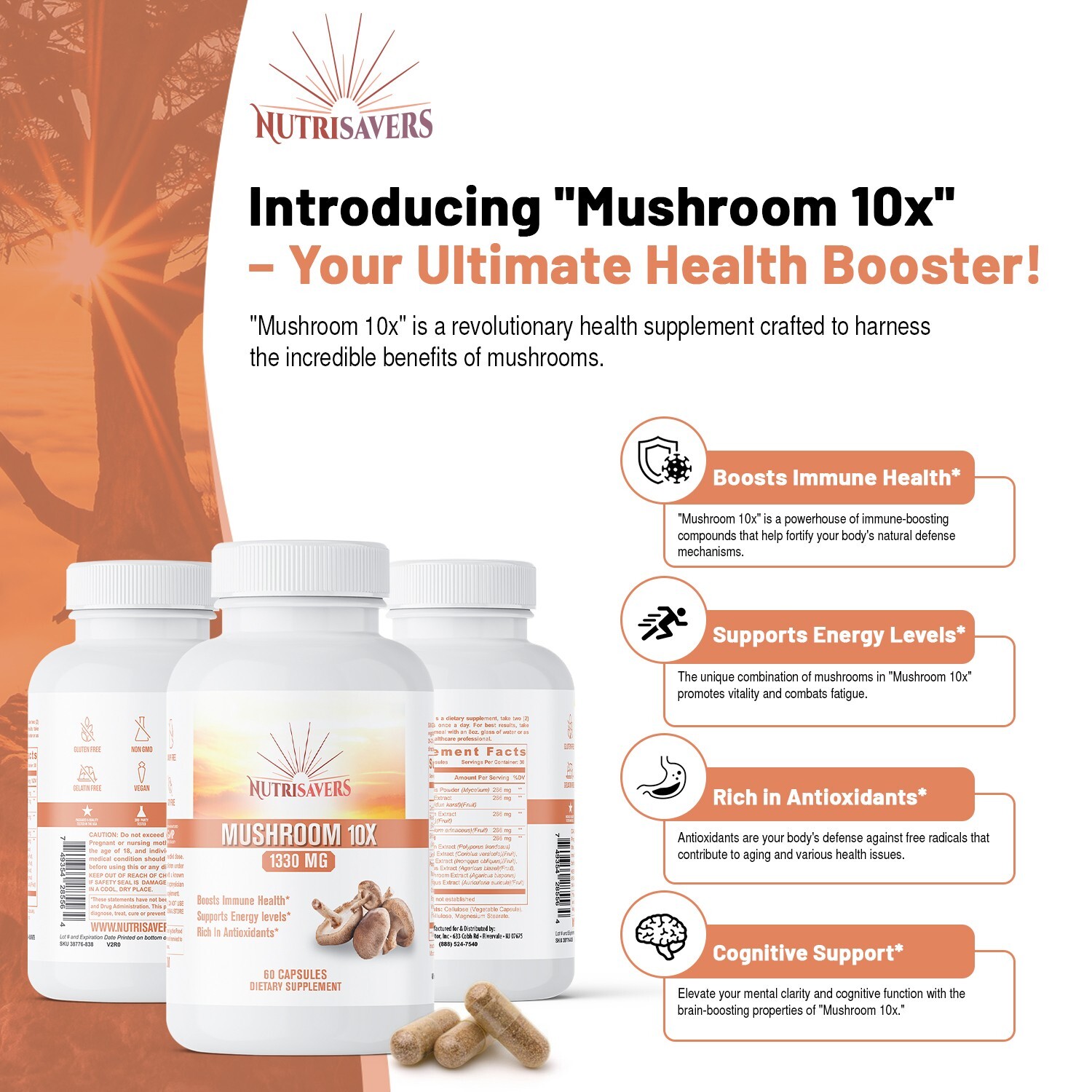 Mushroom 10X Complex Immune Booster – Natural Energy & Stress Relief – 60 Caps