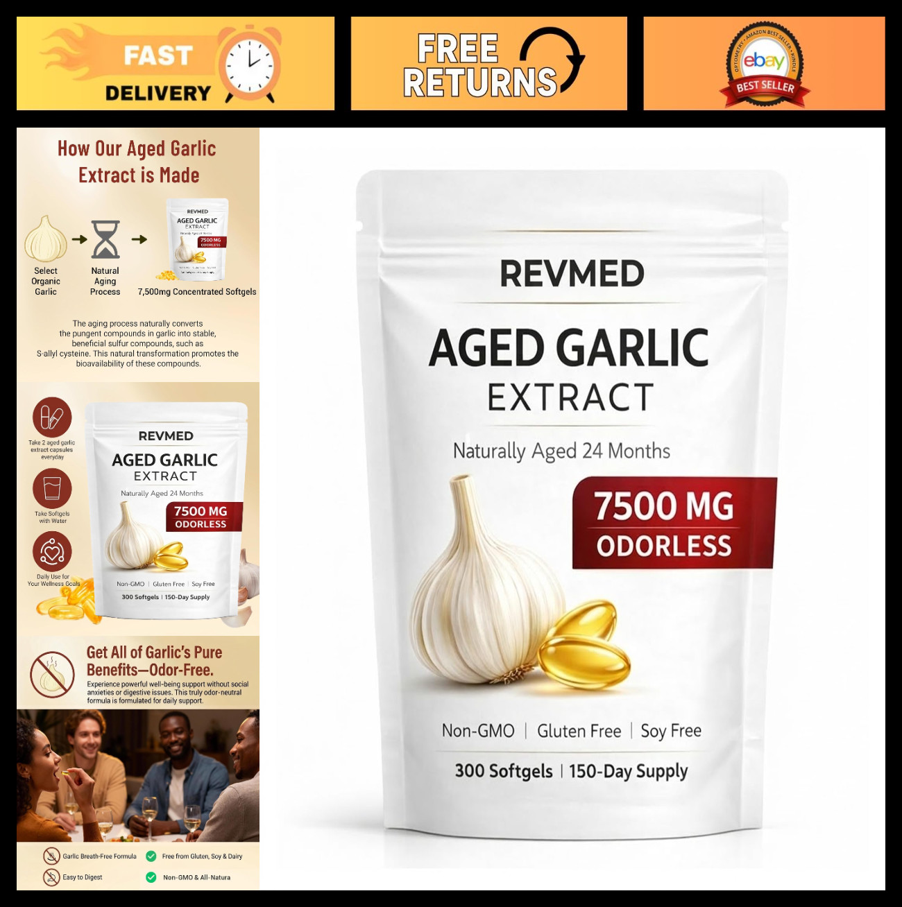 Odorless Garlic Extract Softgels – 300 Non-GMO, Gluten & Soy Free, 24-Month Aged