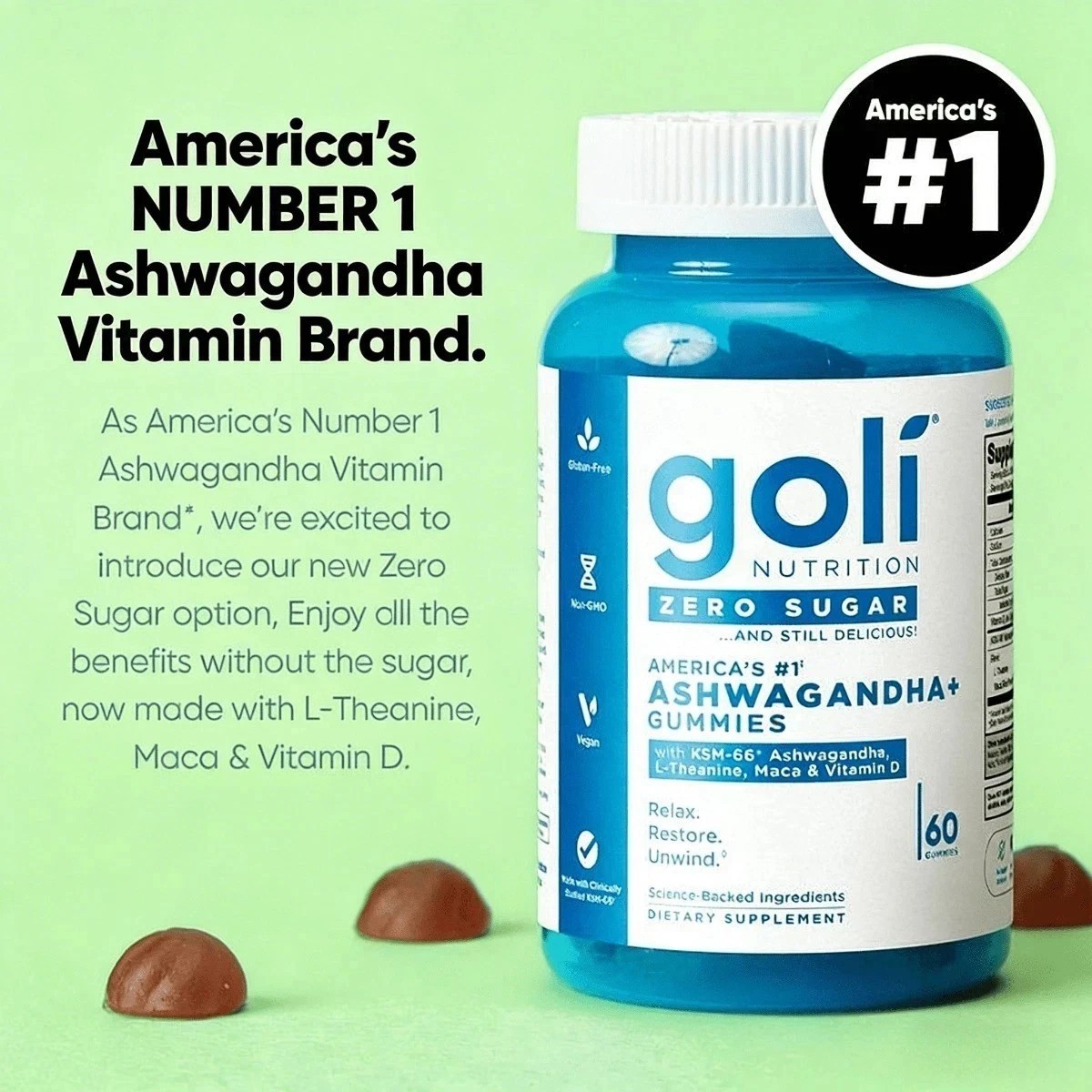 2 BOTTLES-Goli Zero Sugar Ashwagandha Gummies KSM-66 L-Theanine Vitamin D Maca