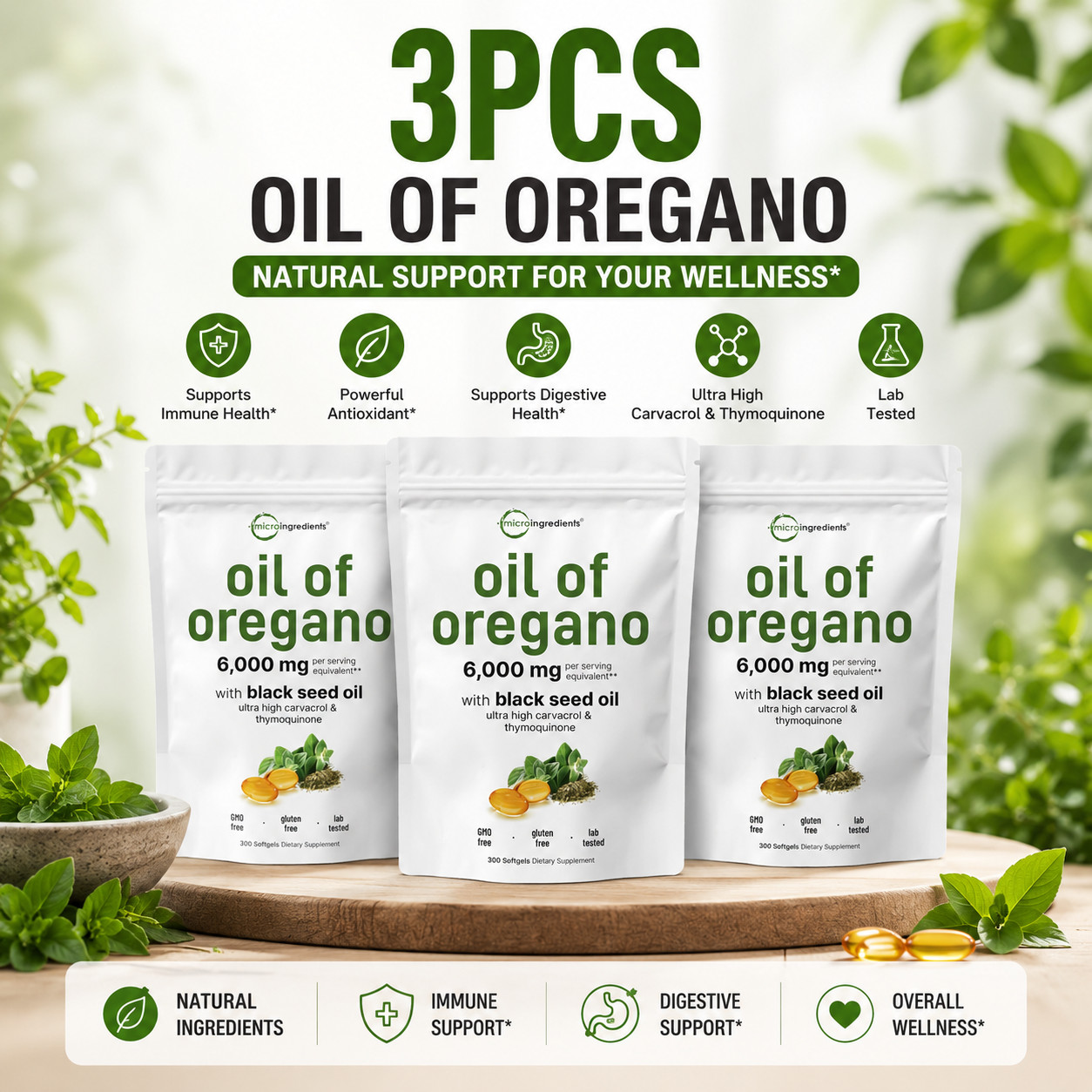 3Pack Oil of Oregano Softgels 6000mg with Black Seed Oil High Carvacrol Support