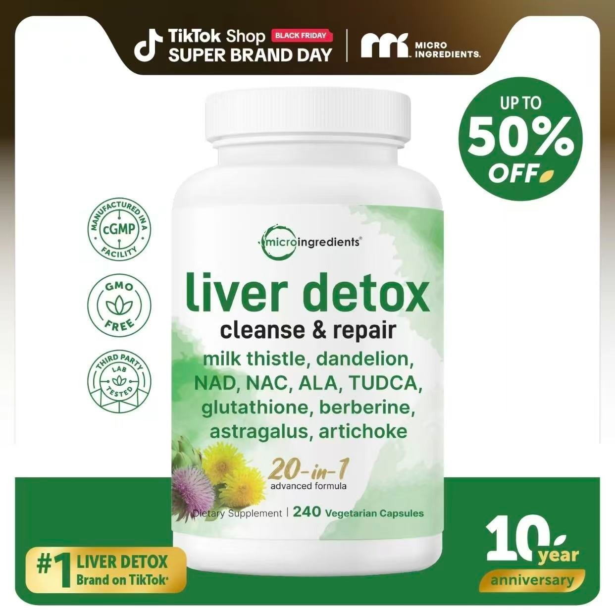 Micro Ingredients Liver Detox,240 Veggie Capsule Supplement Pills,20-in-1