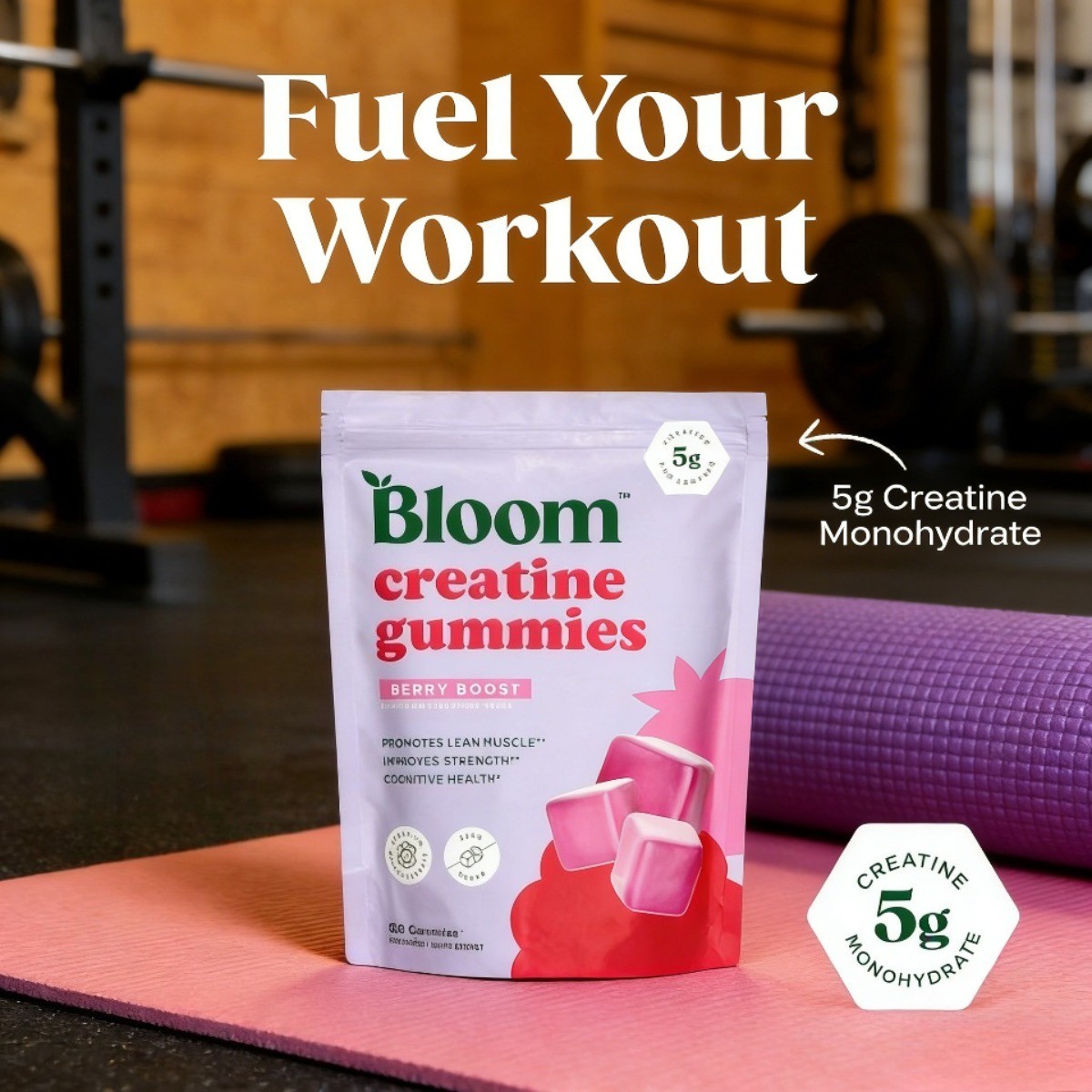 Bloom Sugar Free Creatine Gummies 5g – Monohydrate for Strength,Berry,36 Gummies