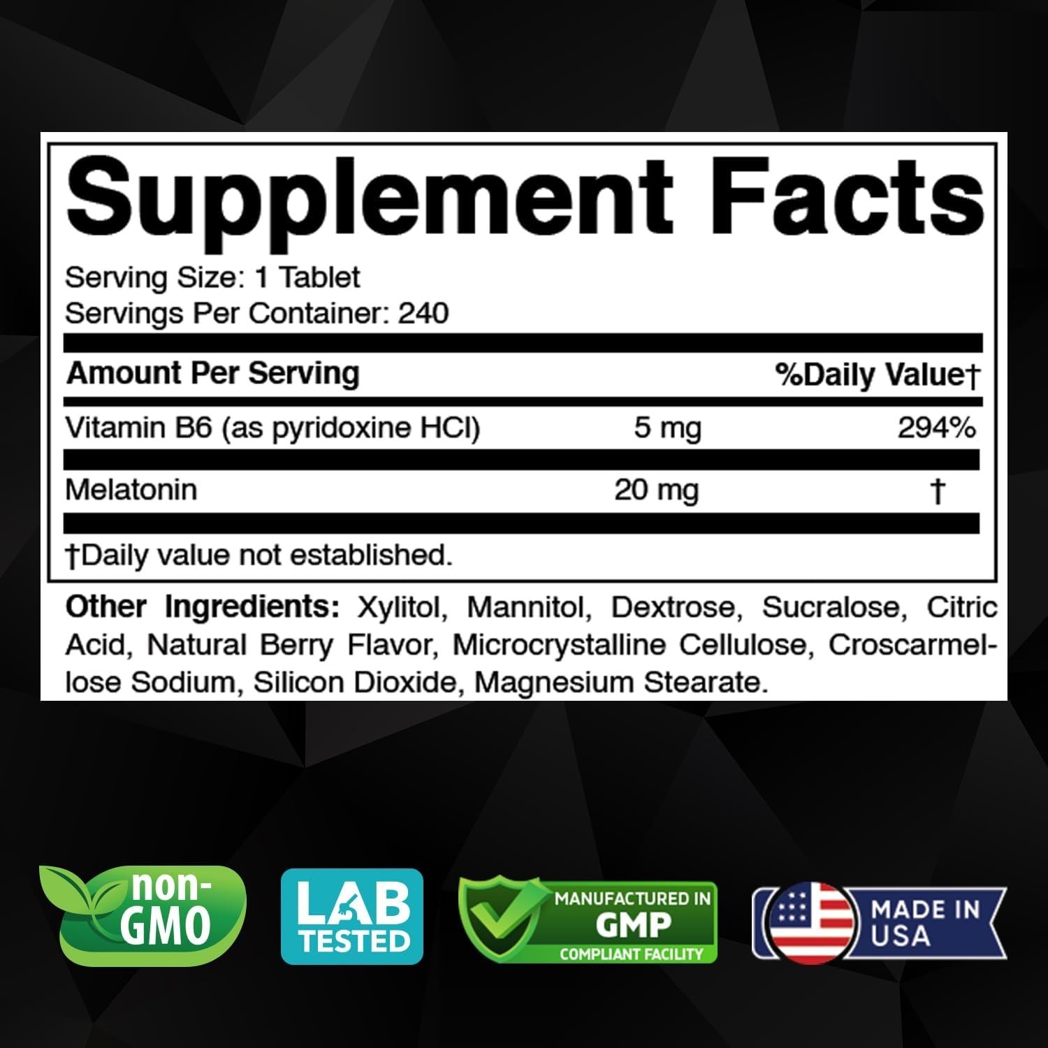 Melatonin 20mg 240 Fast Dissolve Tablets Natural Berry Flavor Non-GMO Drug-Free