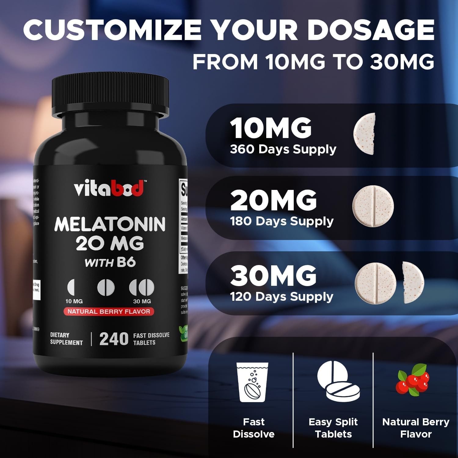 Melatonin 20mg High Potency Natural Sleep Aid Berry Flavor 240 Fast Dissolve TAB