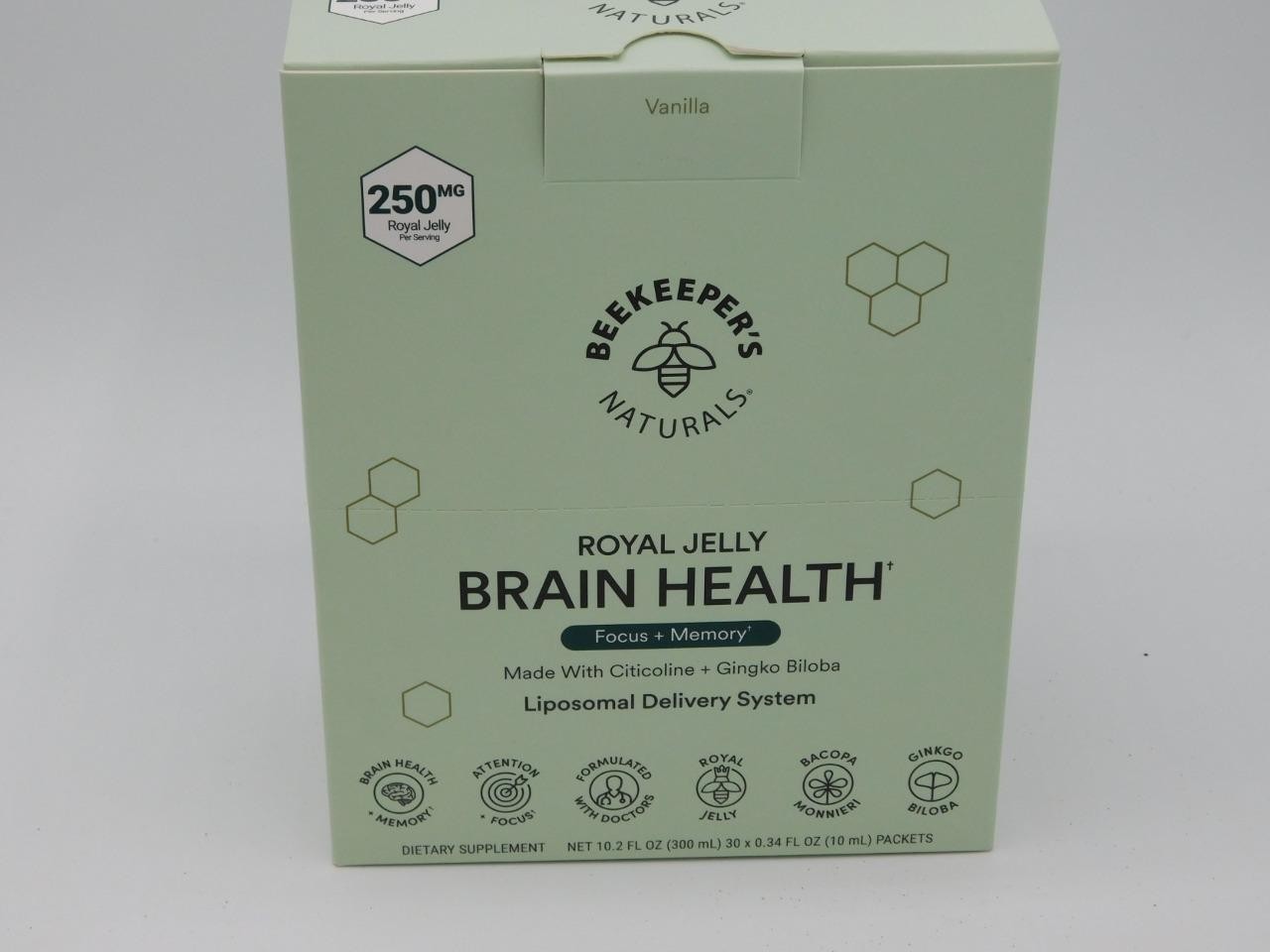 Beekeeper’s Naturals Royal Jelly Brain Health Vanilla Focus + Memory 30 Pack Box