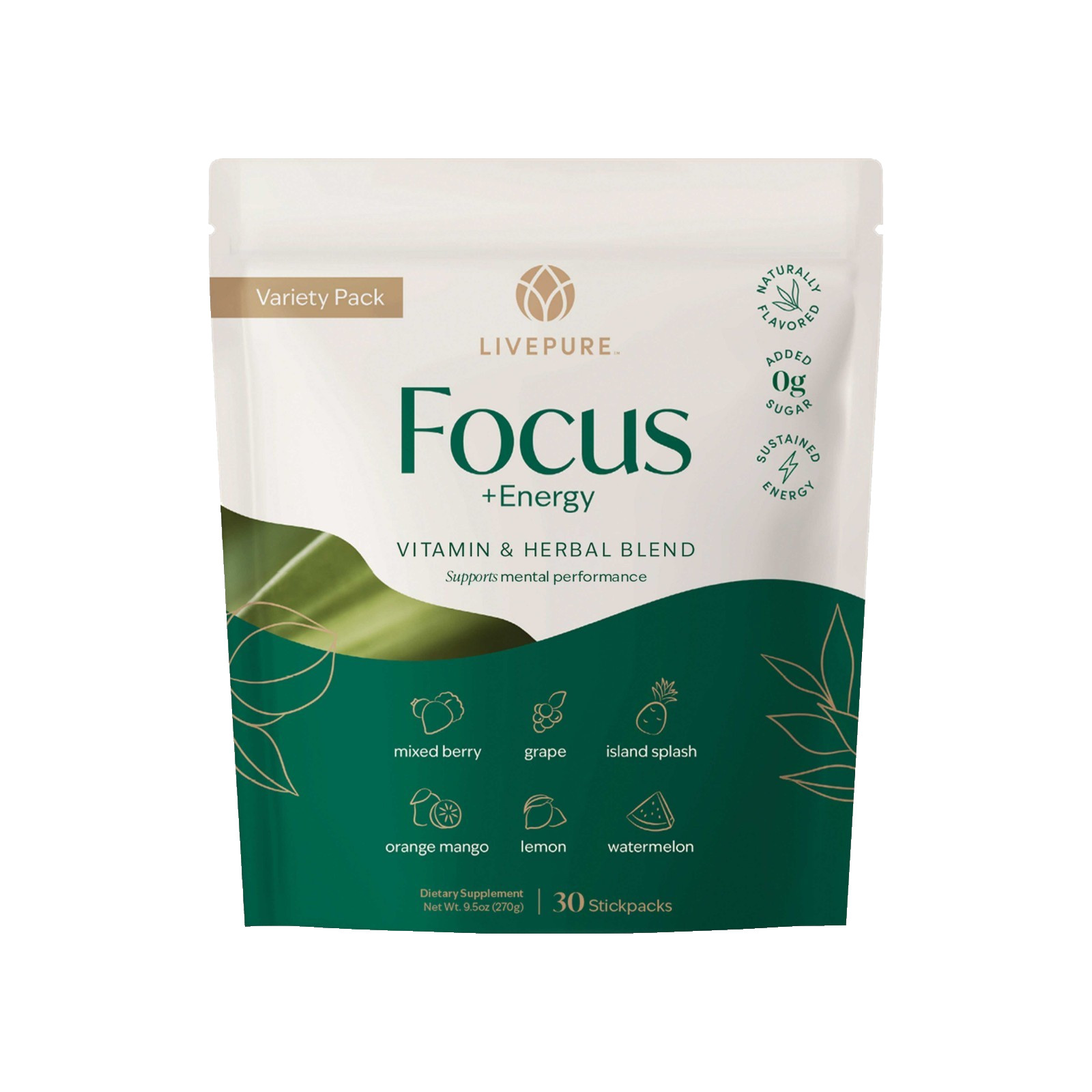 Live Pure Focus + Energy Variety Pack Grape Lemon Berry 30 Packets NEW Exp 3/27