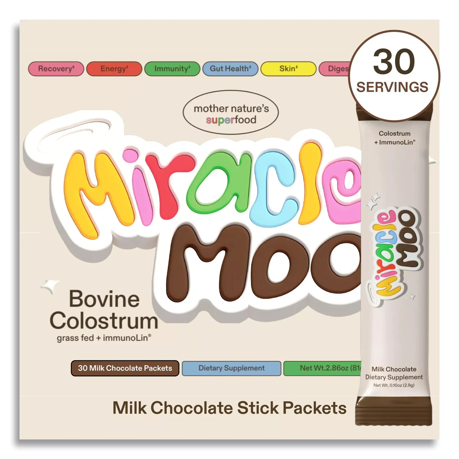 Miracle Moo Mother Natures Bovine Colostrum grassfed+ immunolin Supplement 30SV
