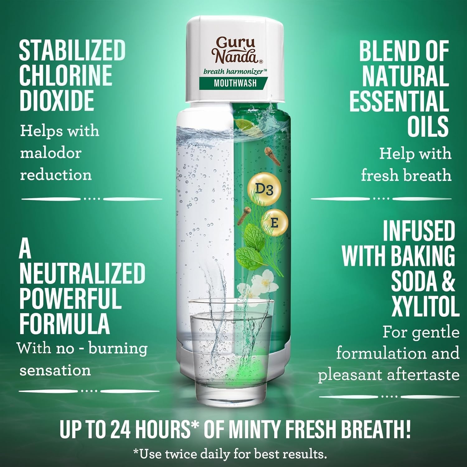 GuruNanda Dual Barrel Breath Harmonizer Mouthwash 20 Fl Oz (Pack of 3), Green