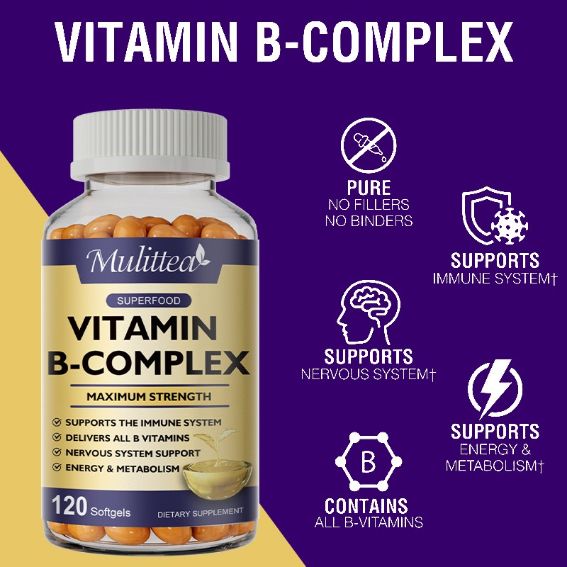 120pcs Vitamin B Complex Capsule B1 B2 B3 B5 B6 B7 B12 Folic Acid Biotin Energy