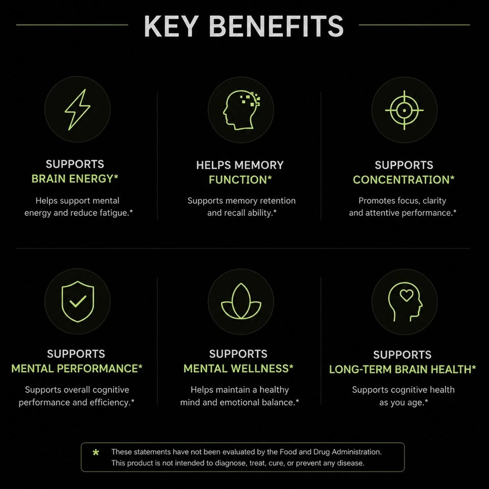 Brain Support Nootropic Supplement Cognitive Support, Improves Memory ( 3 Pack )
