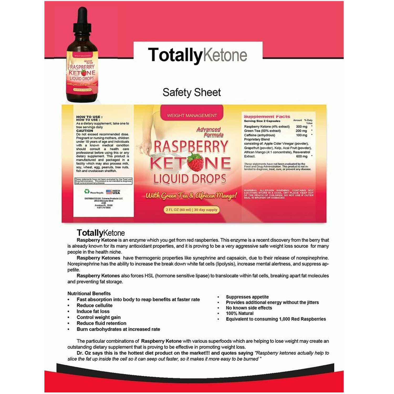 Raspberry Ketone Weight Management & Guarana Seed Metabolism Support Supplement