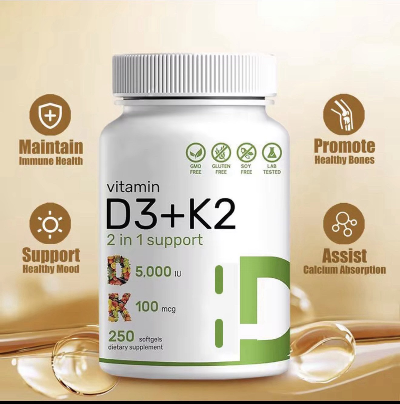Vitamin D3 + K2, 5000 IU and 100 mcg, 250 softgels, 2 in 1 Complex