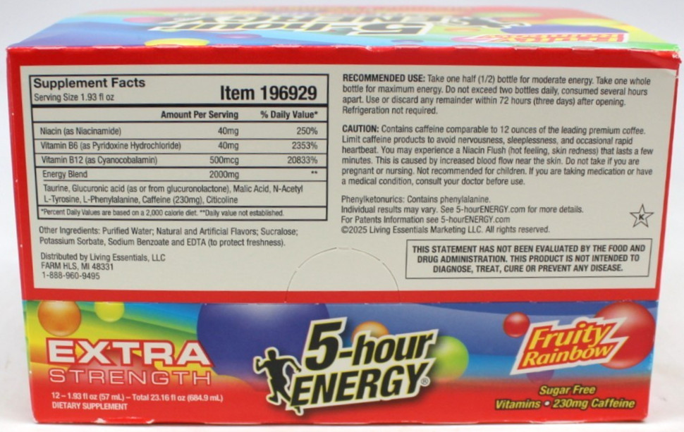 5 Hour Energy Fruity Rainbow Flavor Extra Strength 12 Ct Box 1.93 Oz Sugar Free