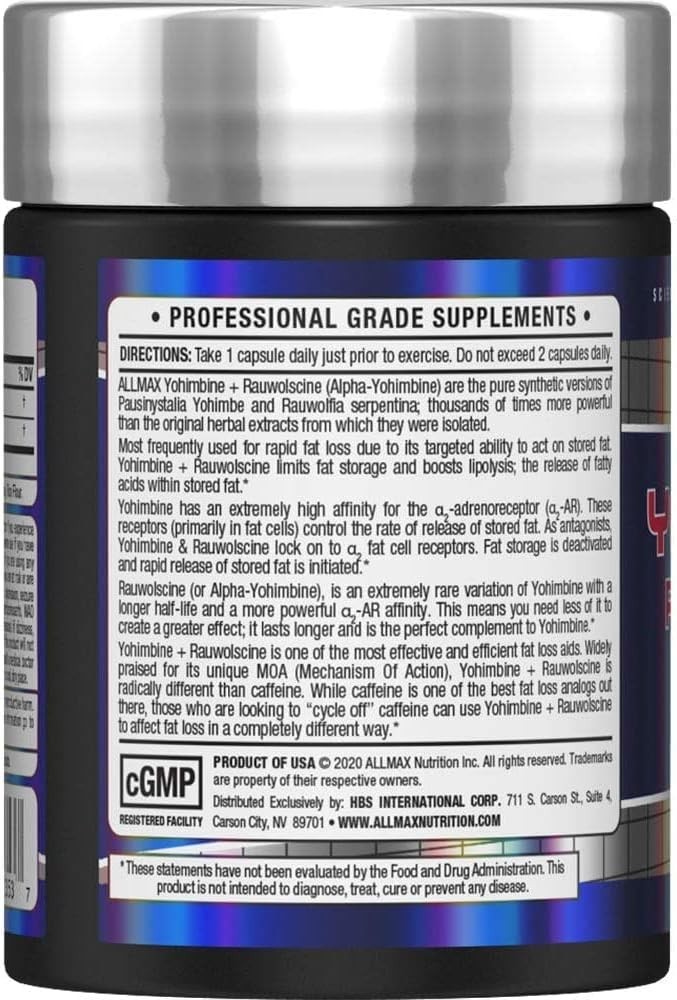 Unflavored Yohimbine + Rauwolscine 60-Count Capsules for Performance & Fat Loss