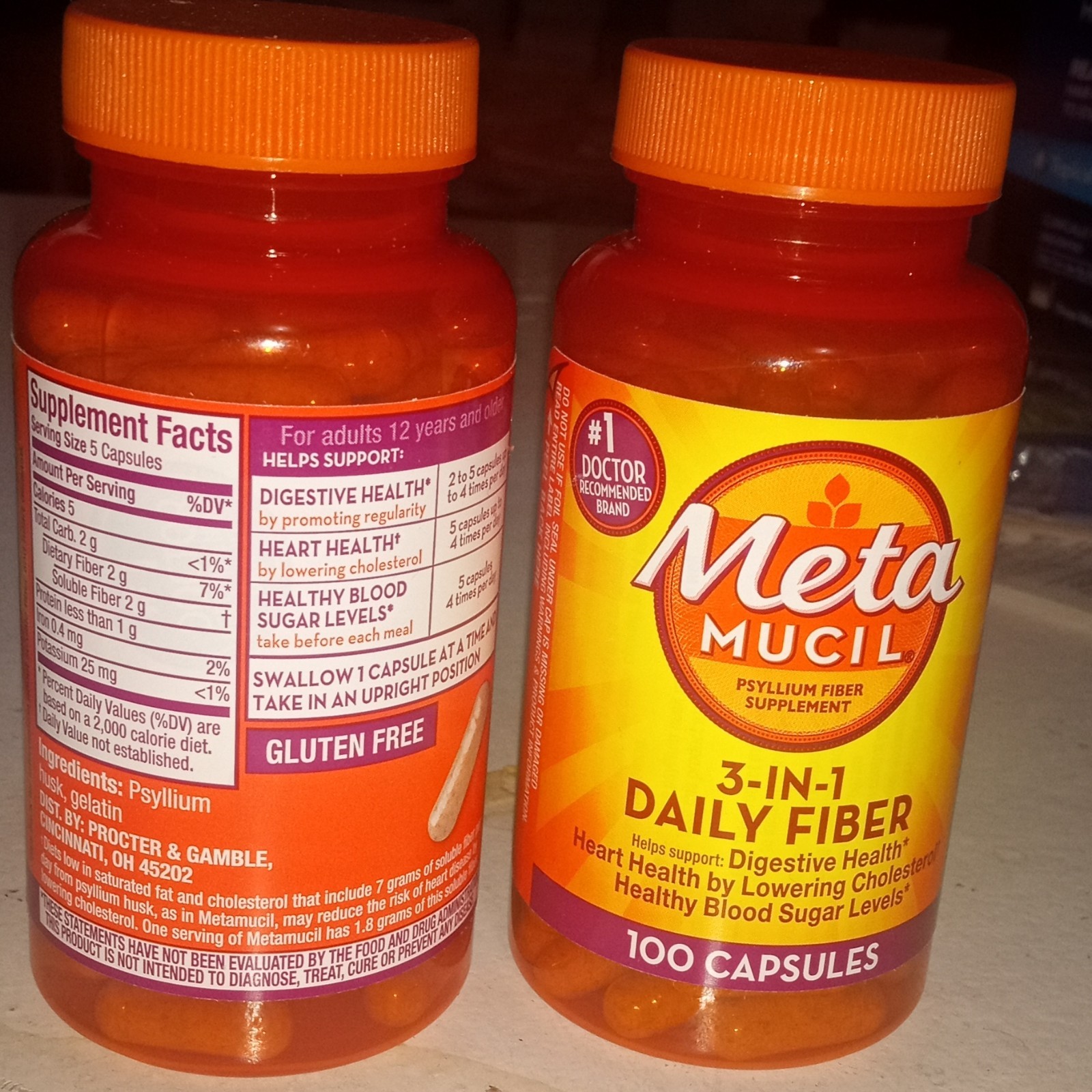 LOT OF 2, Metamucil 3-in-1 Daily Fiber, 100 Capsules, (2 Bottles) EXP 07/28