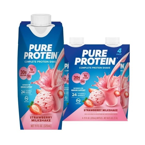 Pure Protein Strawberry Milkshake Complete Protein Shake, 11 fl oz, 4 Ct….,