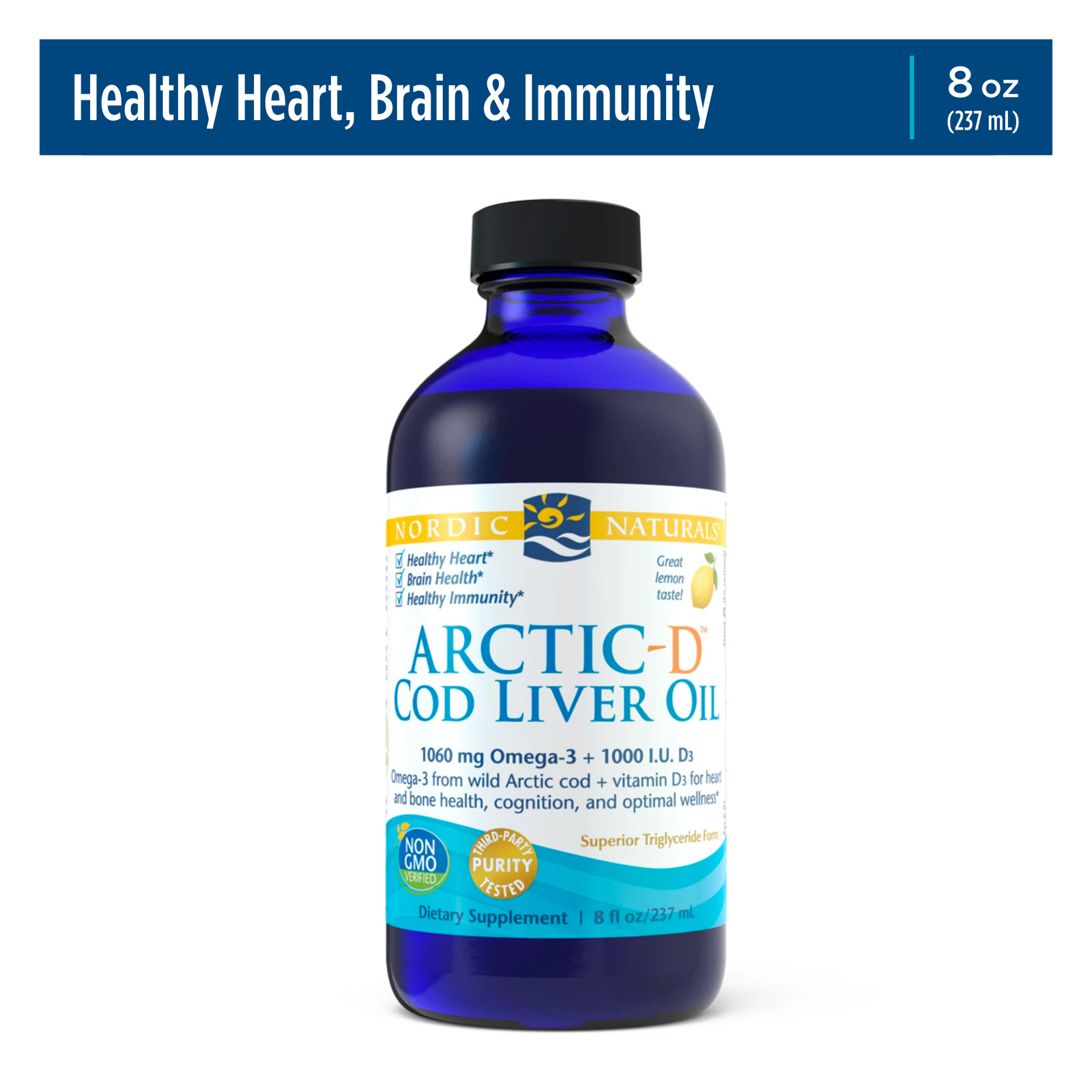 Nordic Naturals Arctic CLO – 100% Wild Cod Liver Oil with Vitamin D, Lemon, 8 Oz