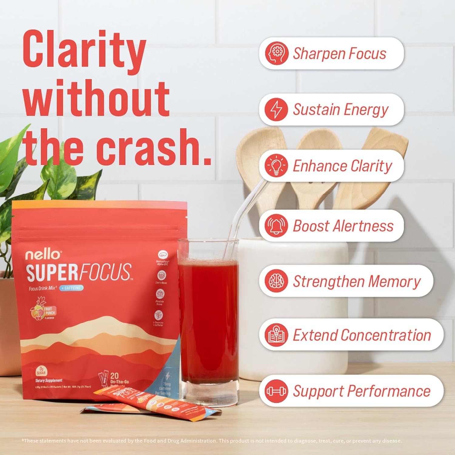 Nello Superfocus Sugar Free Fruit Punch Nootropic Drink for Focus & Productivity