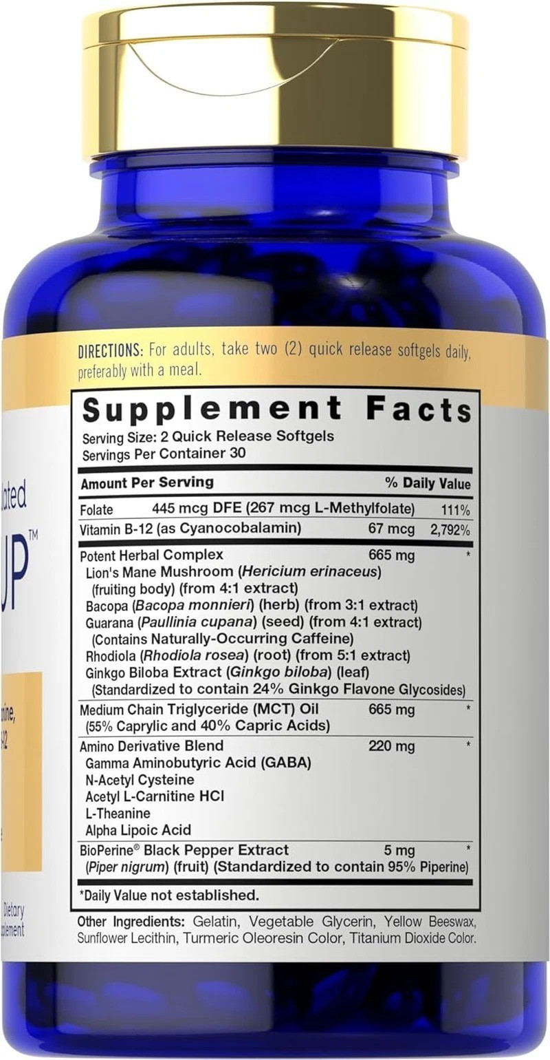 Brain up Supplement | 60 Softgels | with L-Theanine, Bacopa & B-12 | Non-Gmo, Gl