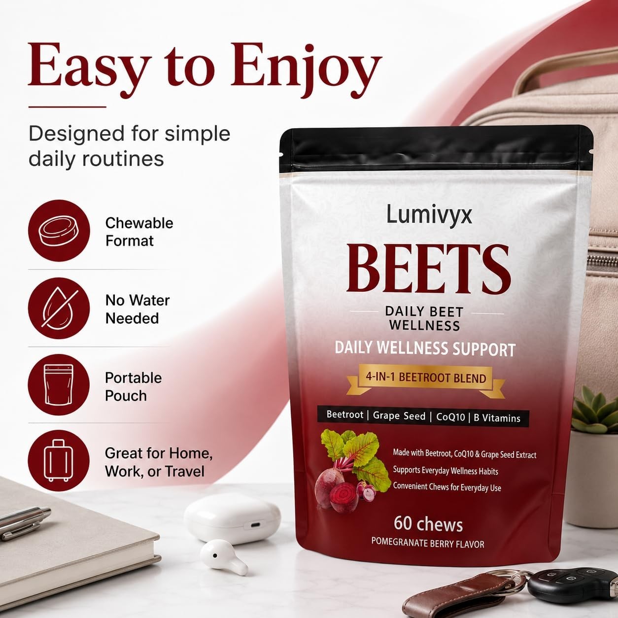 Beet Chews – Beetroot Blend with CoQ10 & Grape Seed Extract, Pomegranate Flavor,