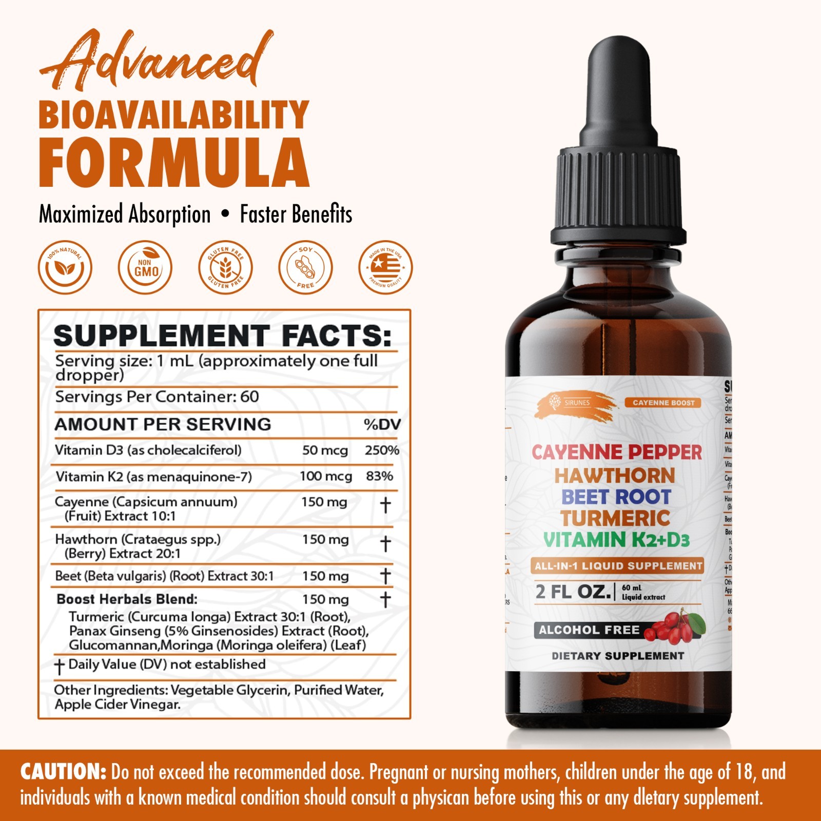 Cayenne Pepper Drops with Hawthorn Beet Root Turmeric Vitamin K2+D3 2 fL oz