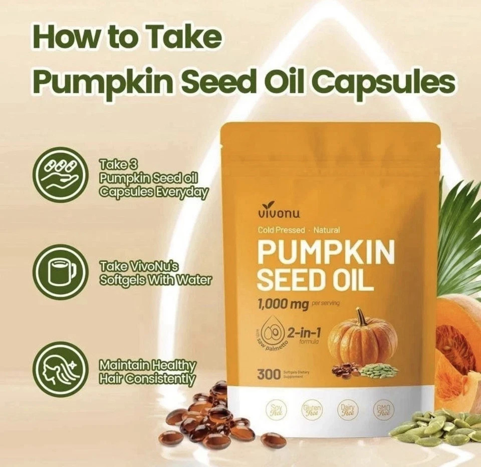 2 Pack Natural Pumpkin Seed Oil with Saw Palmetto Capsules, Pure Virgin Oil