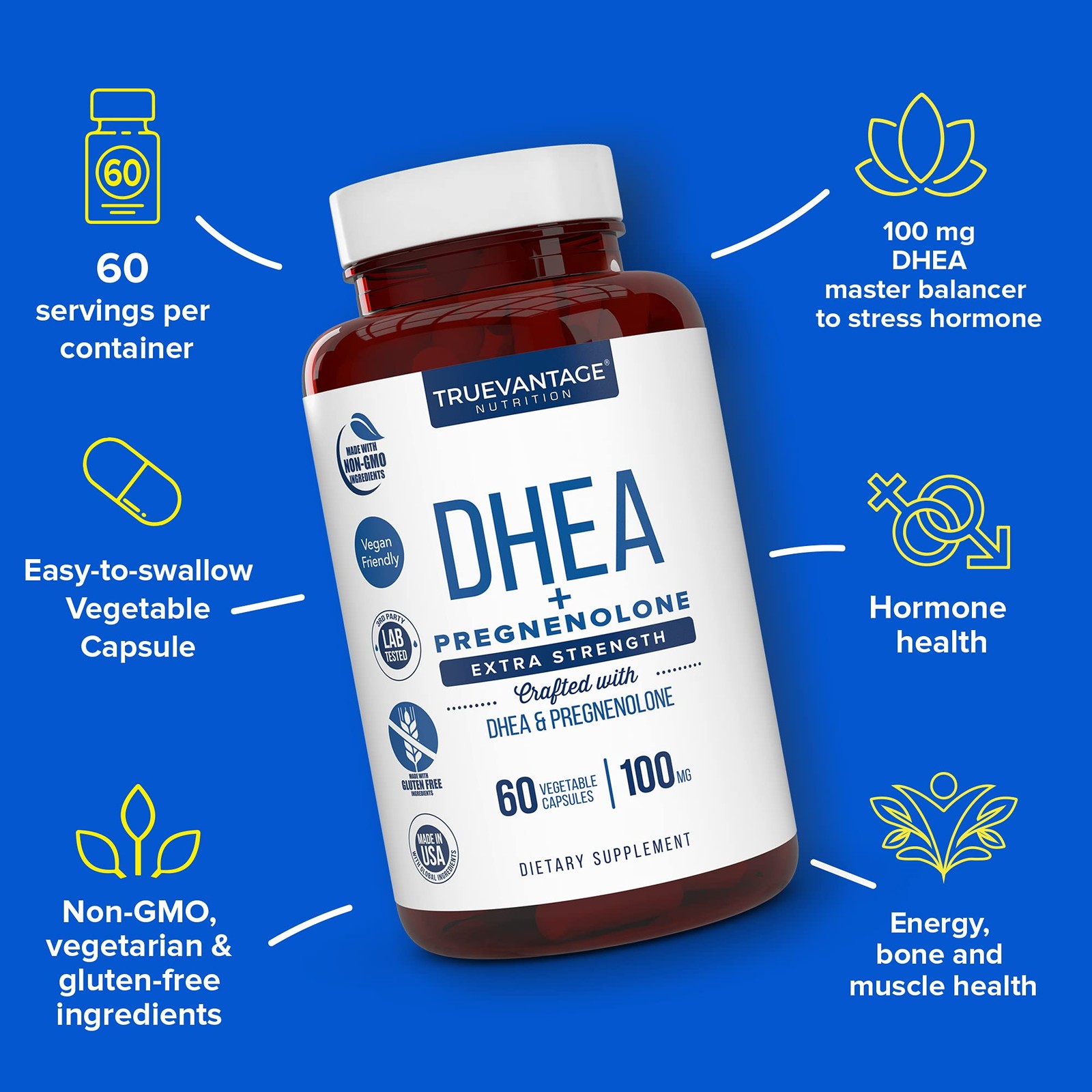 Truevantage DHEA – 100mg Supplement for 60 Count (Pack of 1), Clear