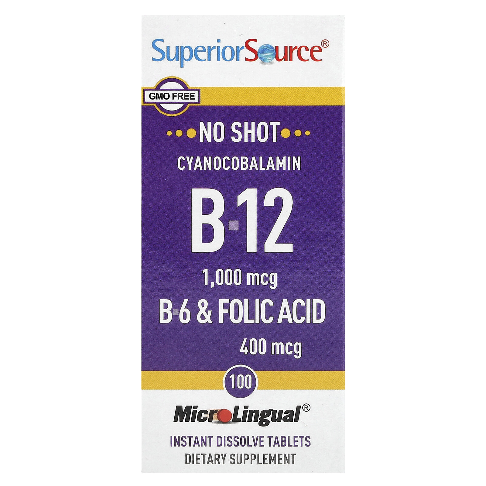 Cyanocobalamin B-12, B-6 & Folic Acid, 100 MicroLingual Instant Dissolve Tablets