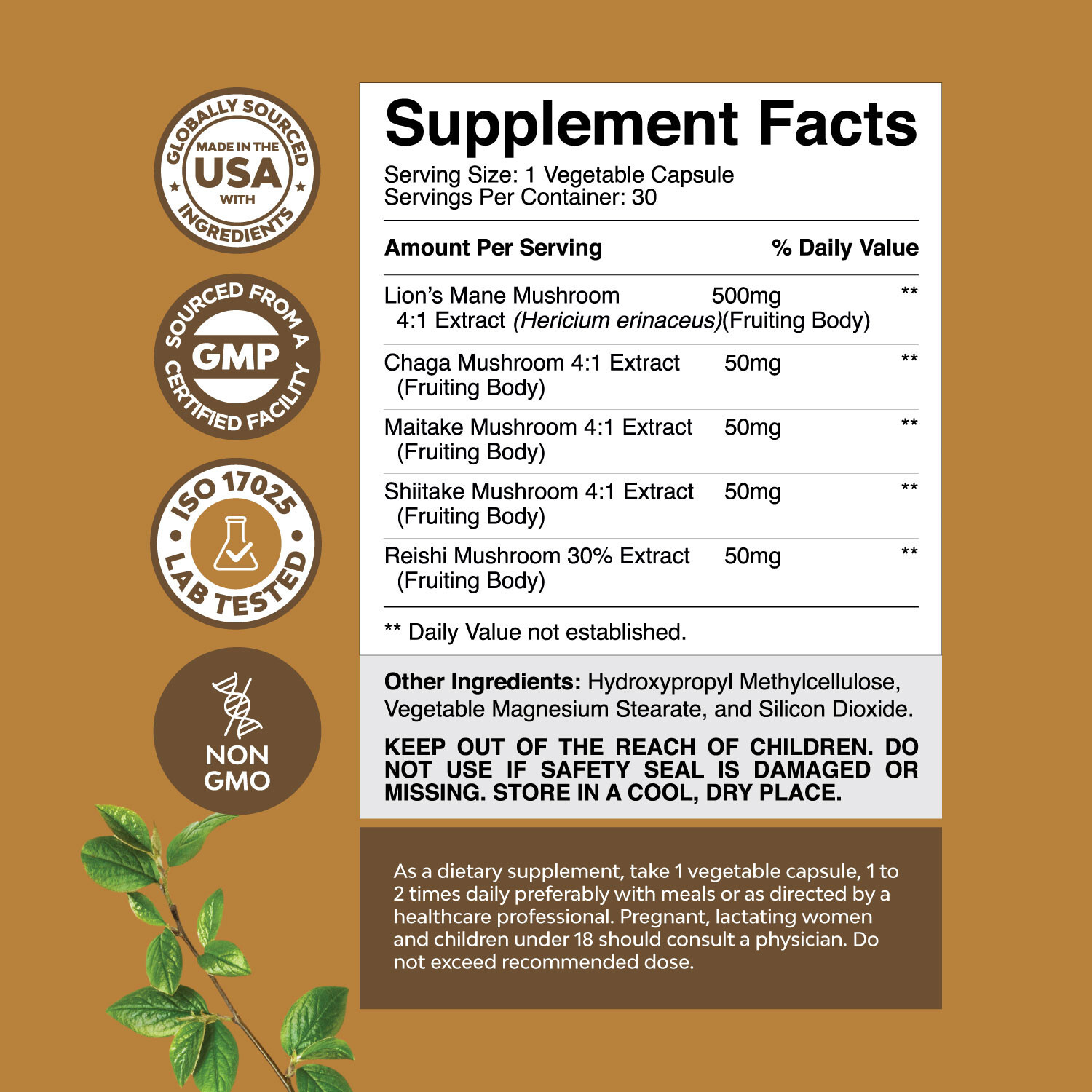 Advanced Lion’s Mane Mushroom Supplement Capsules with 5X Fruiting Body Mushroom