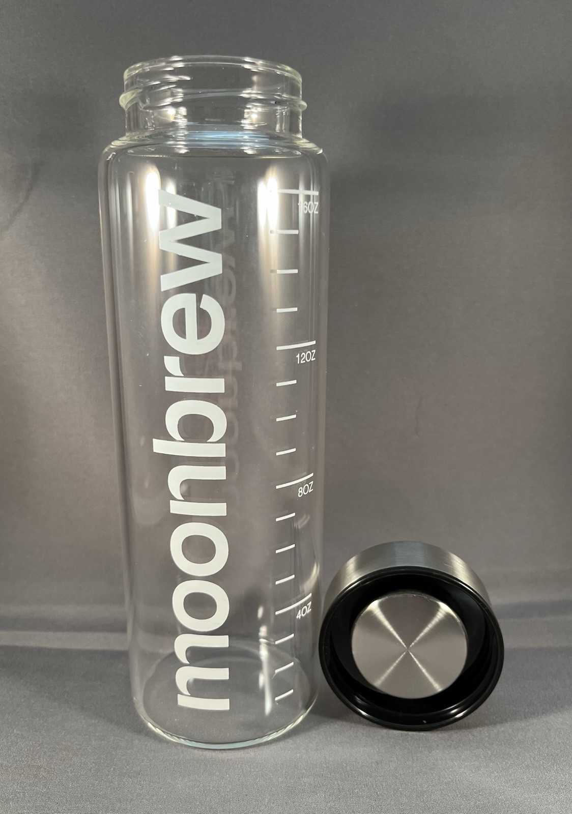 Moonbrew Deluxe Shaker Glass Bottle 16 oz Stainless Steel Lid, New SEE PHOTOS