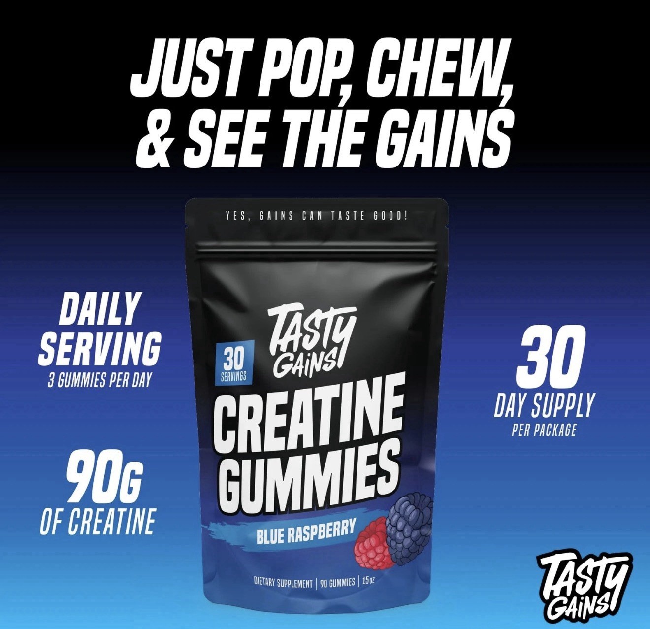 TASTY GAINS Creatine Gummies – 90g of Creatine Monohydrate – Blue Raspberry