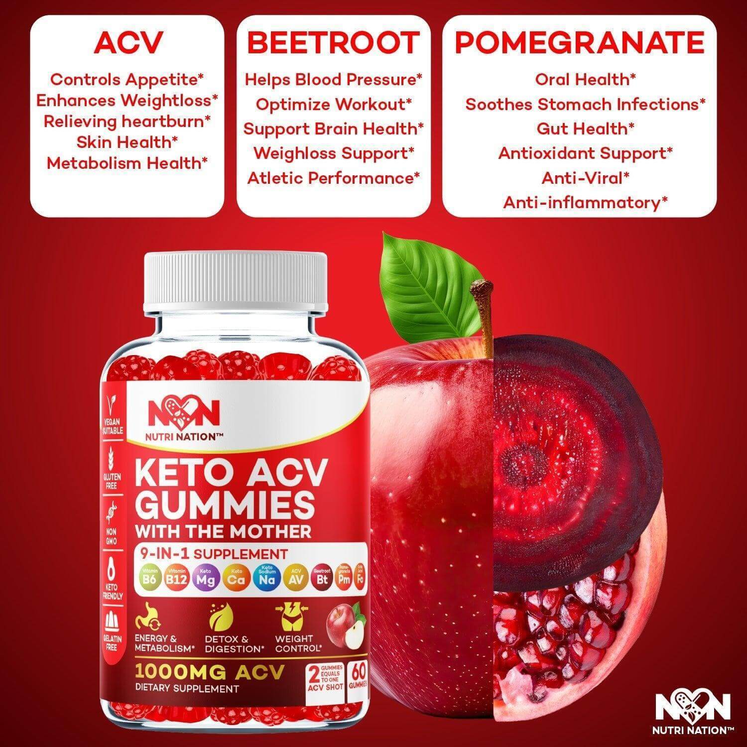 Nutri Nation Keto ACV Gummies 1000mg with the 3 BHB Salts Buy 3 get 2 Free