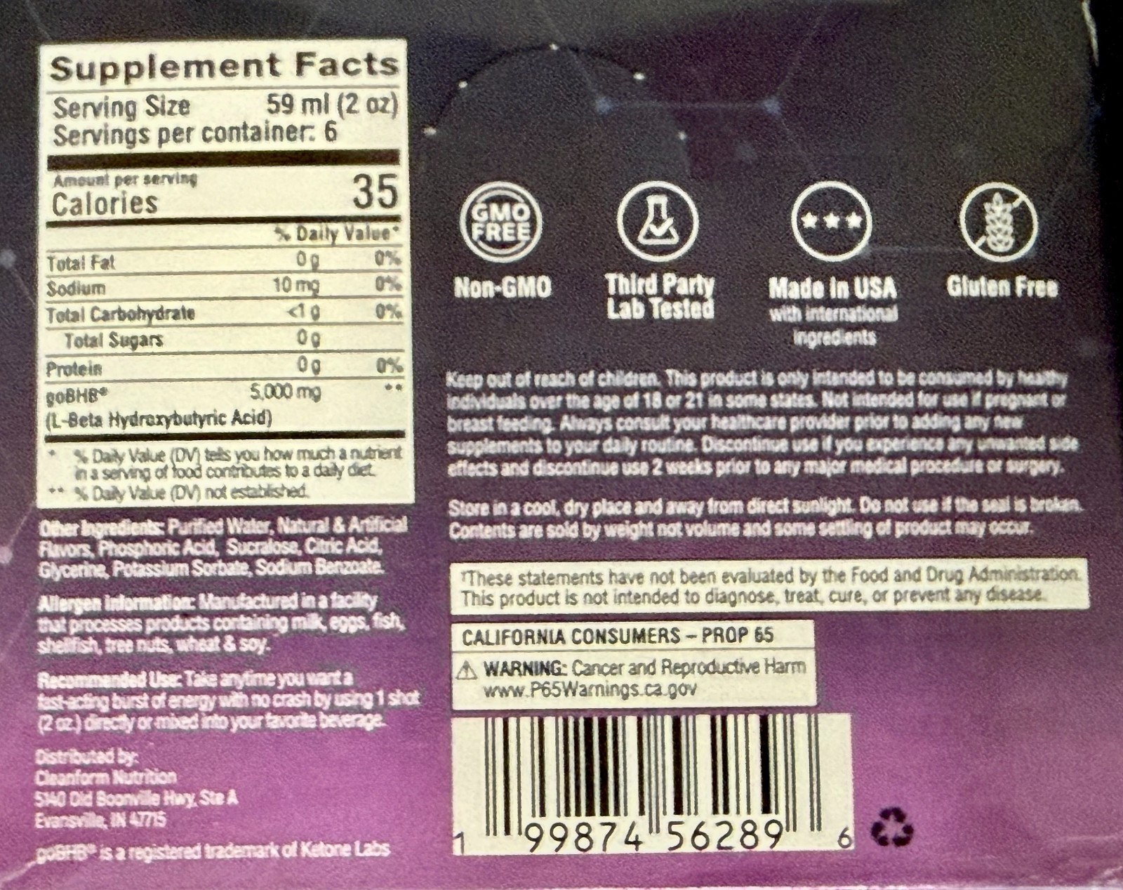 CleanForm Ketone Energy Shot Wild Berry Keto Friendly Zero Sugar 6 Pack 2oz