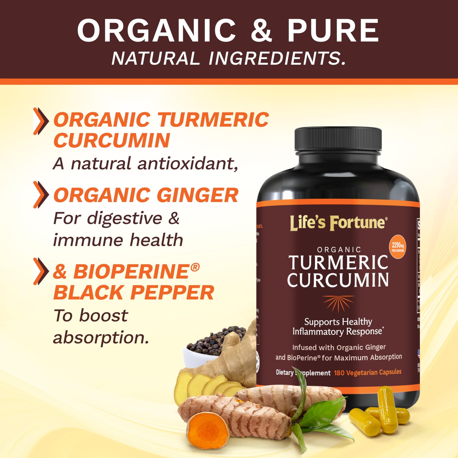 Life’s Fortune Organic Turmeric Curcumin with Black Pepper and Ginger, Enhanc…