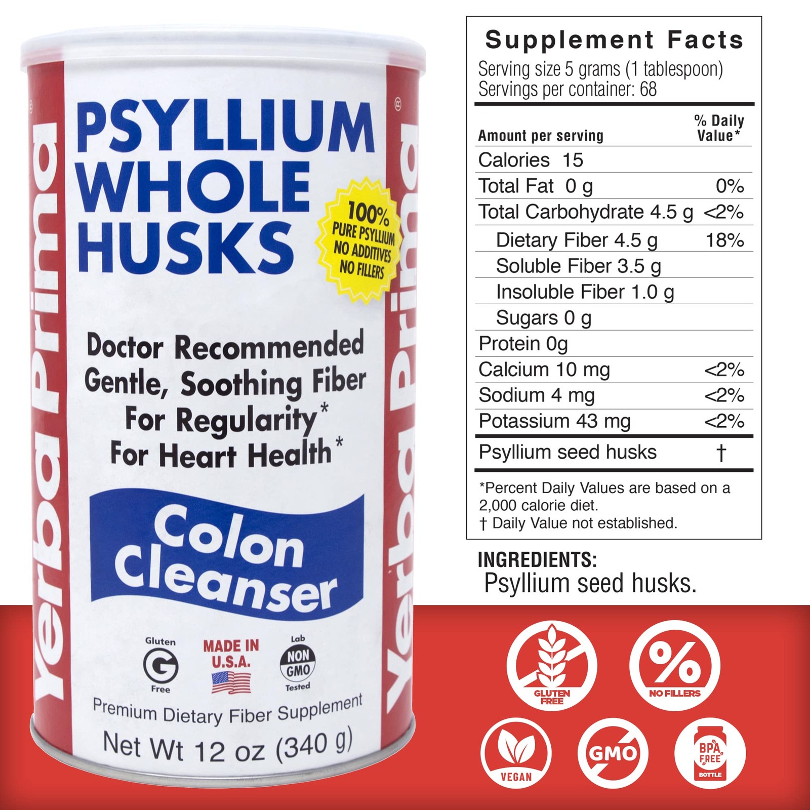 Psyllium Husk Fiber Supplement 12oz – Vegan, No Sugar, Non-GMO, Gluten-Free
