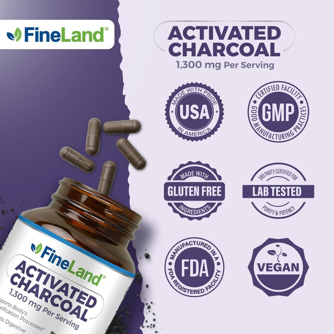 Activated Charcoal 1300mg – Digestive Detox Cleanse, Gas & Bloating Relief, 120