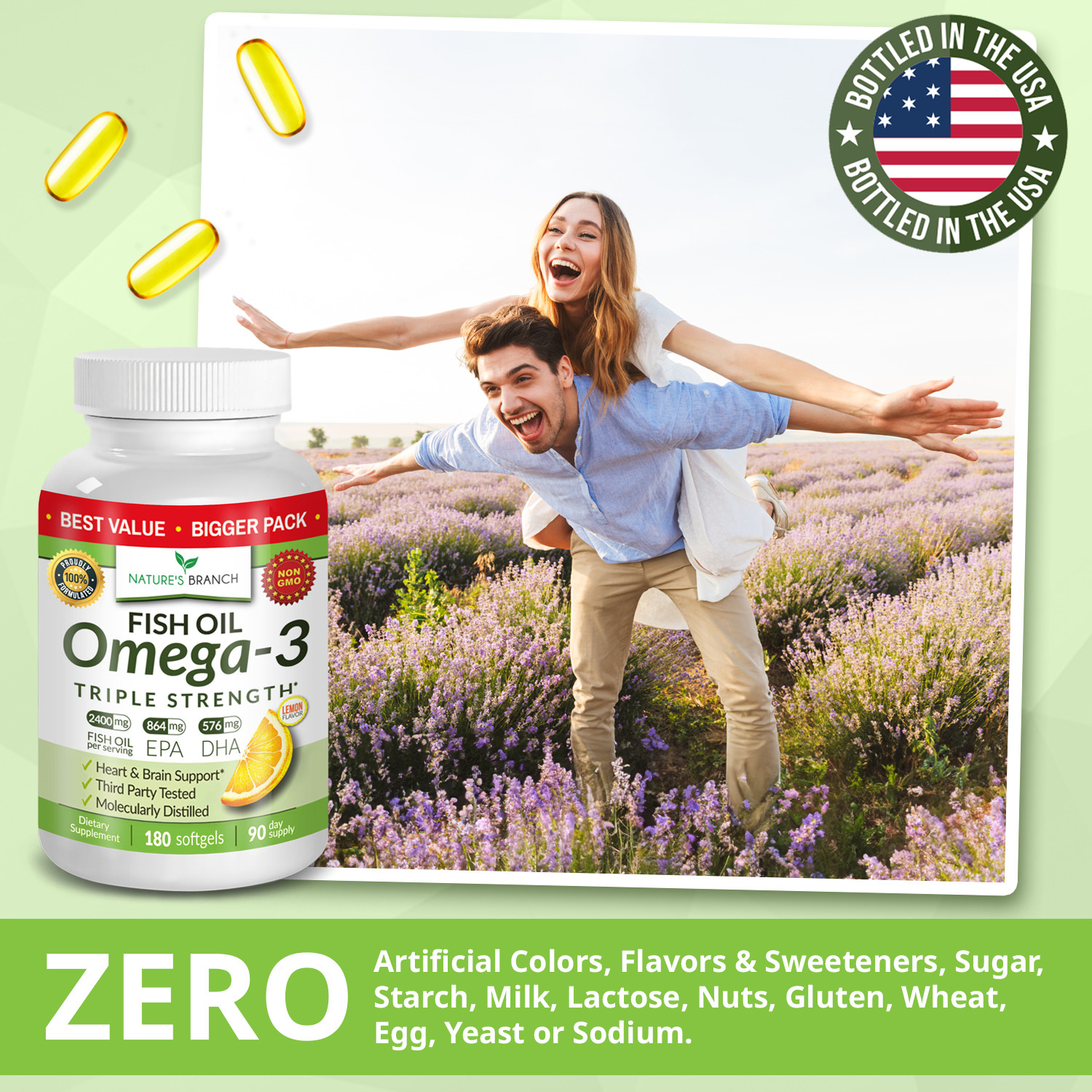 BEST Triple Strength Omega 3 Fish Oil Pills (3 MONTH SUPPLY) 2400mg HIGH POTENCY