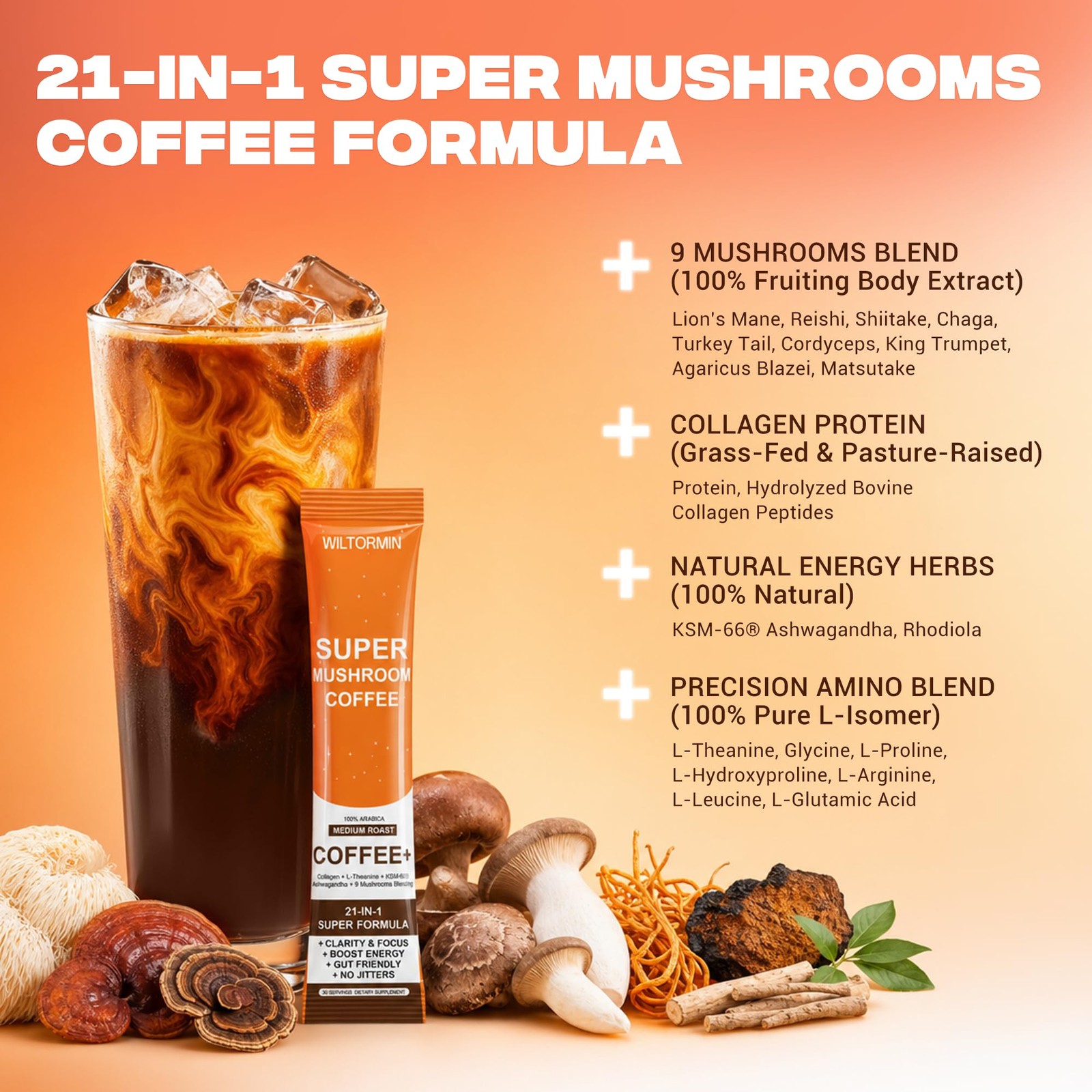 Wiltormin Mushroom Coffee 9 Adaptogenic Mushrooms Collagen Lions Mane Ksm-66