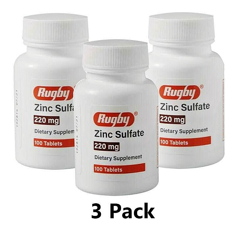 Rugby Zinc Sulfate 220mg Tablets Dietary Mineral Supplements 100 Count – 3 Pack