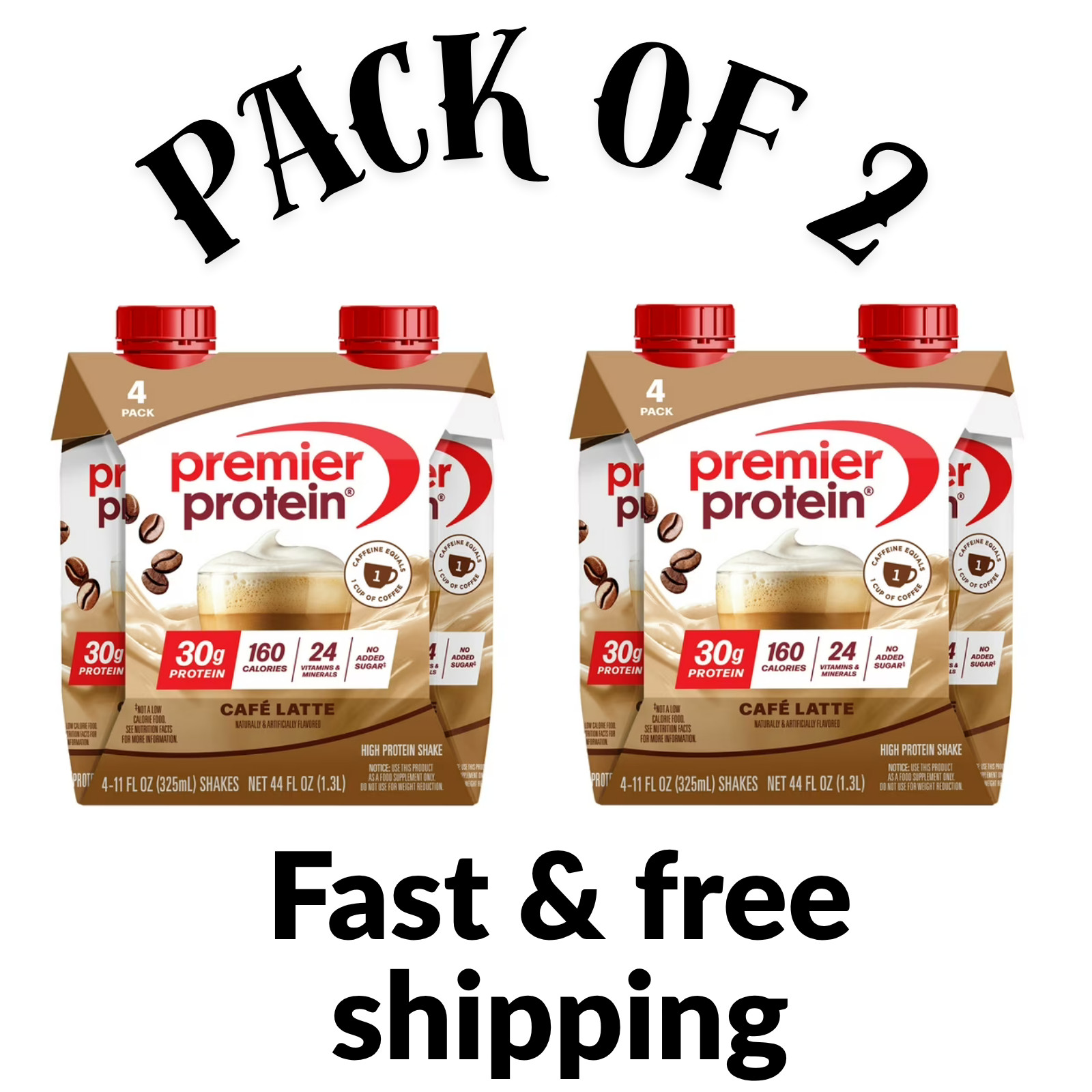 (2 PACK) Premier Protein Shake, Café Latte, 30g Protein, 11 fl oz, 4 Ct EACH