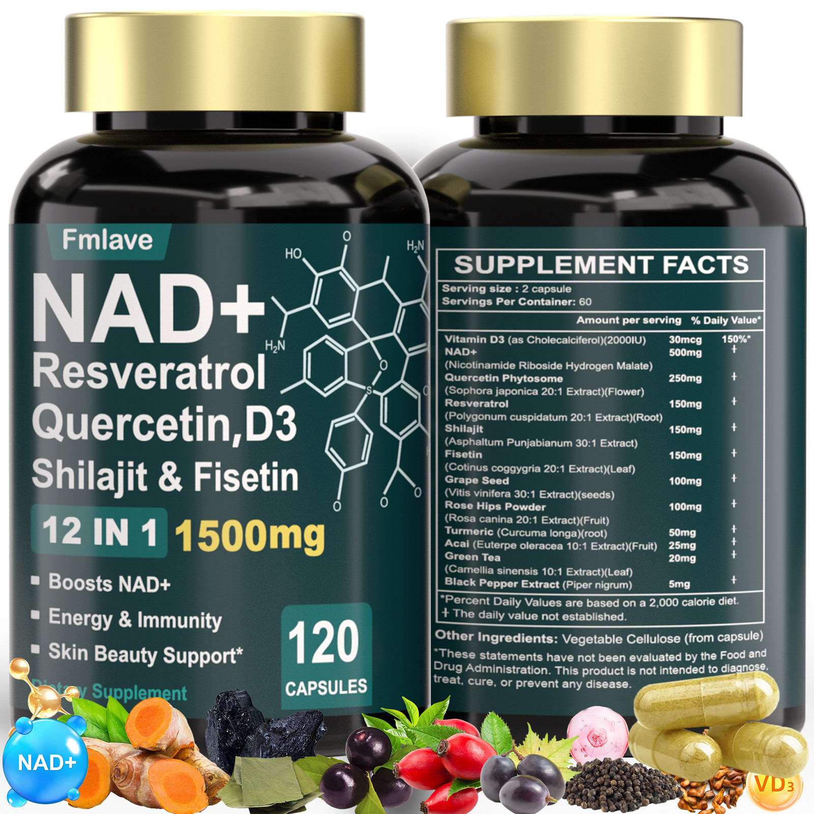 NAD supplement, 1500mg resveratrol containing supplement, 120 capsules USA Ship
