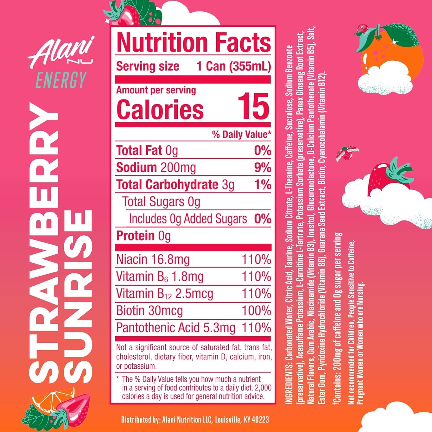 200mg Caffeine Strawberry Sunrise Energy Drink – Sugar Free, 12 Fl Oz Cans