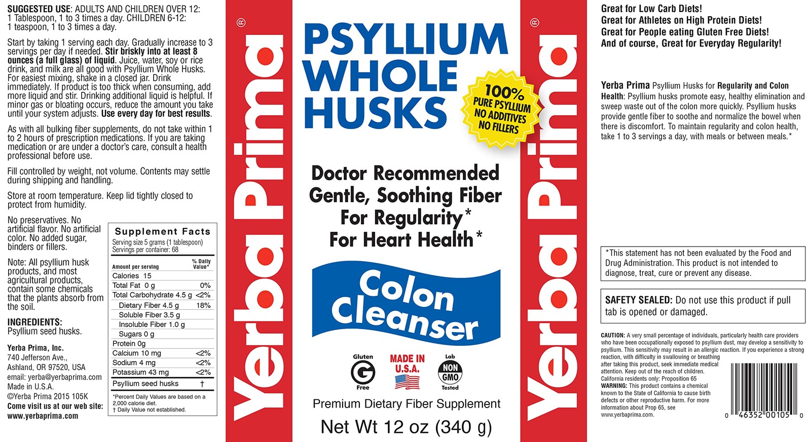 Psyllium Husk Fiber Supplement 12oz – Vegan, No Sugar, Non-GMO, Gluten-Free