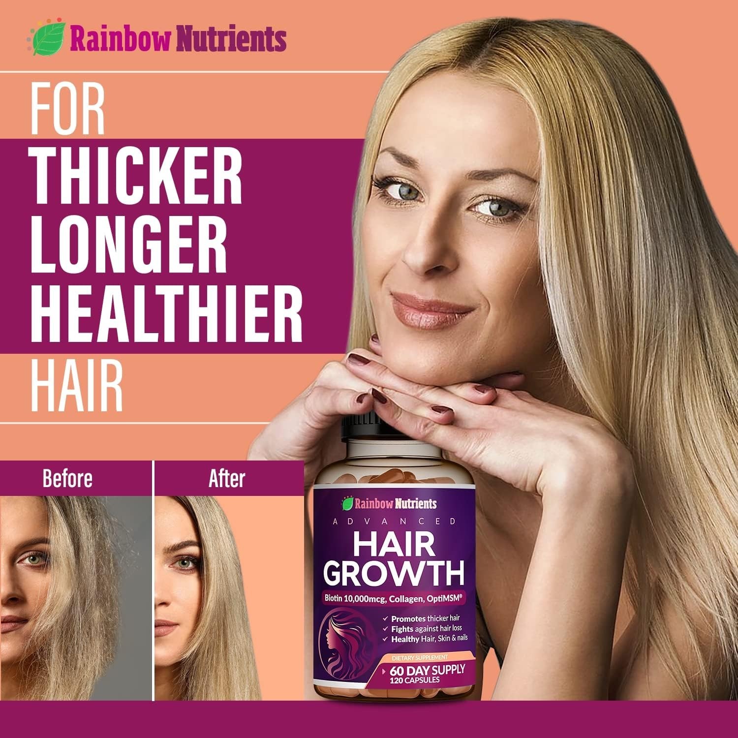 2 BOTTLES-Rainbow Nutrients Advanced Hair Growth-Hair,Skin &Nail Health Collagen
